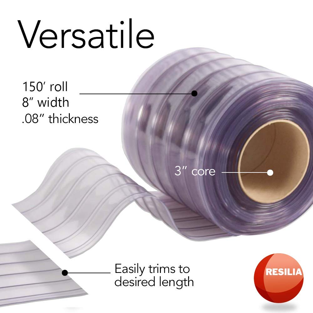 RESILIA Vinyl Replacement Strip Curtain for Walk in Freezers, Coolers, & Warehouse Doors - Industrial Grade Thermal Insulating Plastic Curtains, 8” x 150’ PVC Roll, Clear